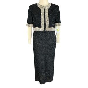 Laurence Kazar Silk Maxi Dress & Jacket 1X Black Beaded White Pearls Formal NEW